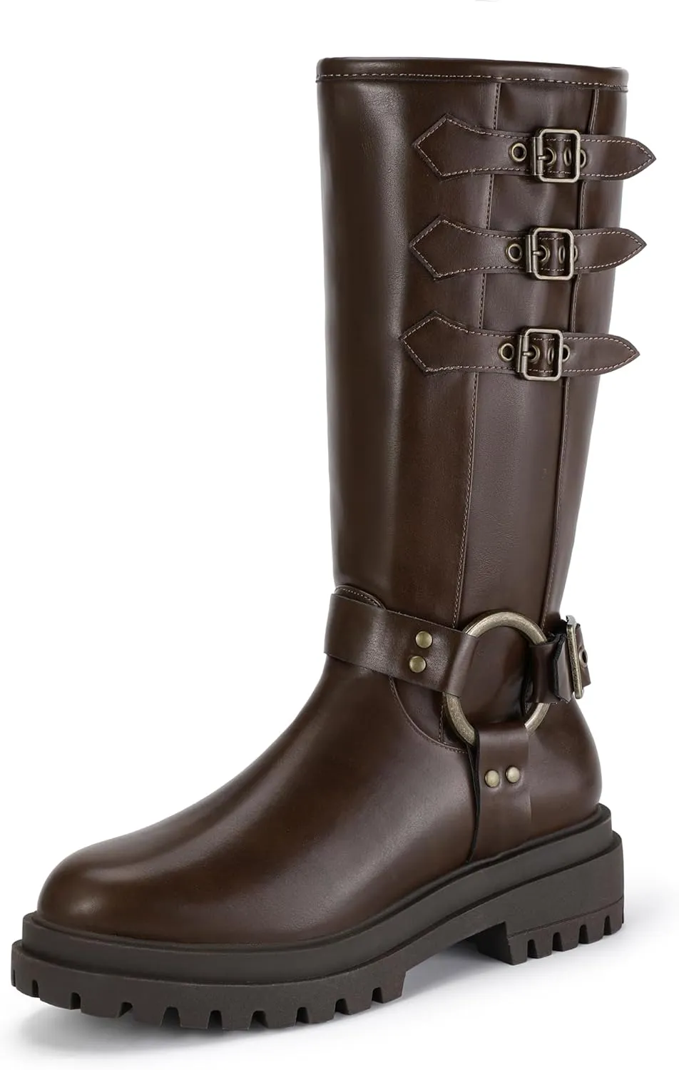 IDIFU IN2 Knee High Riding Boots Women Low Chunky Heel Motorcycle Boots with Side Zipper Comfortable Round Toe Tall Boots for Women Fall Platform Lug Sole Fashion Buckles Biker Boots