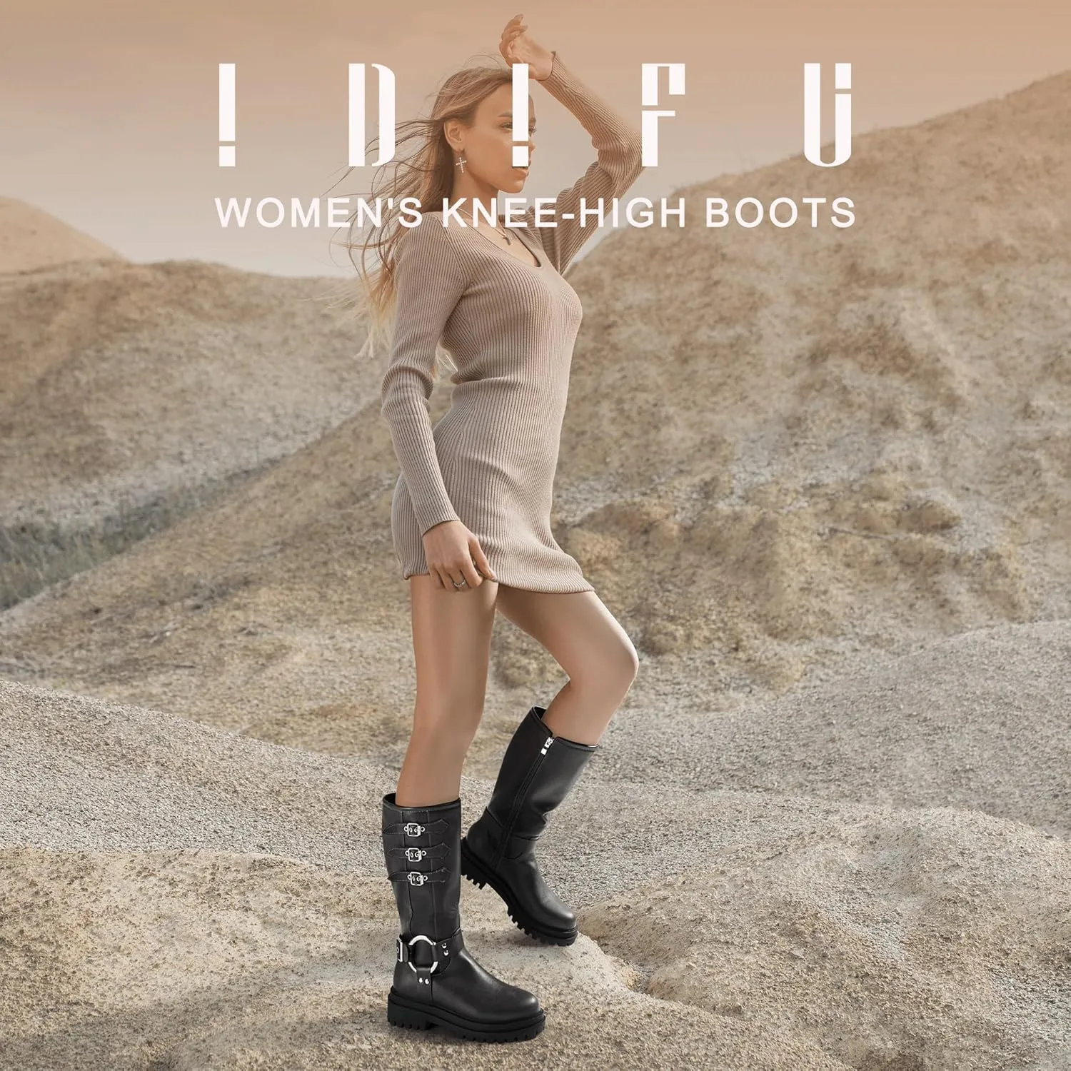 IDIFU IN2 Knee High Riding Boots Women Low Chunky Heel Motorcycle Boots with Side Zipper Comfortable Round Toe Tall Boots for Women Fall Platform Lug Sole Fashion Buckles Biker Boots
