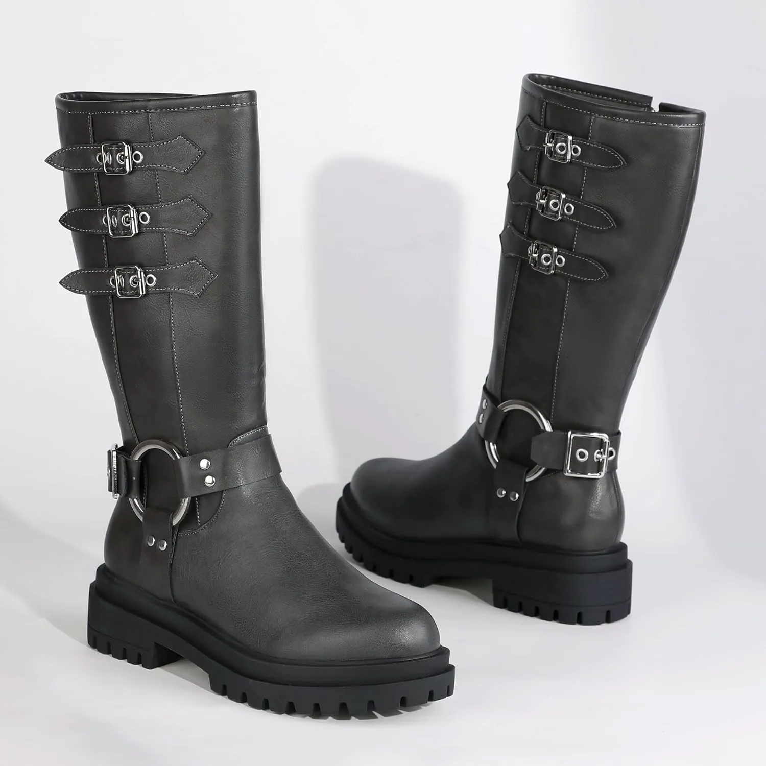 IDIFU IN2 Knee High Riding Boots Women Low Chunky Heel Motorcycle Boots with Side Zipper Comfortable Round Toe Tall Boots for Women Fall Platform Lug Sole Fashion Buckles Biker Boots