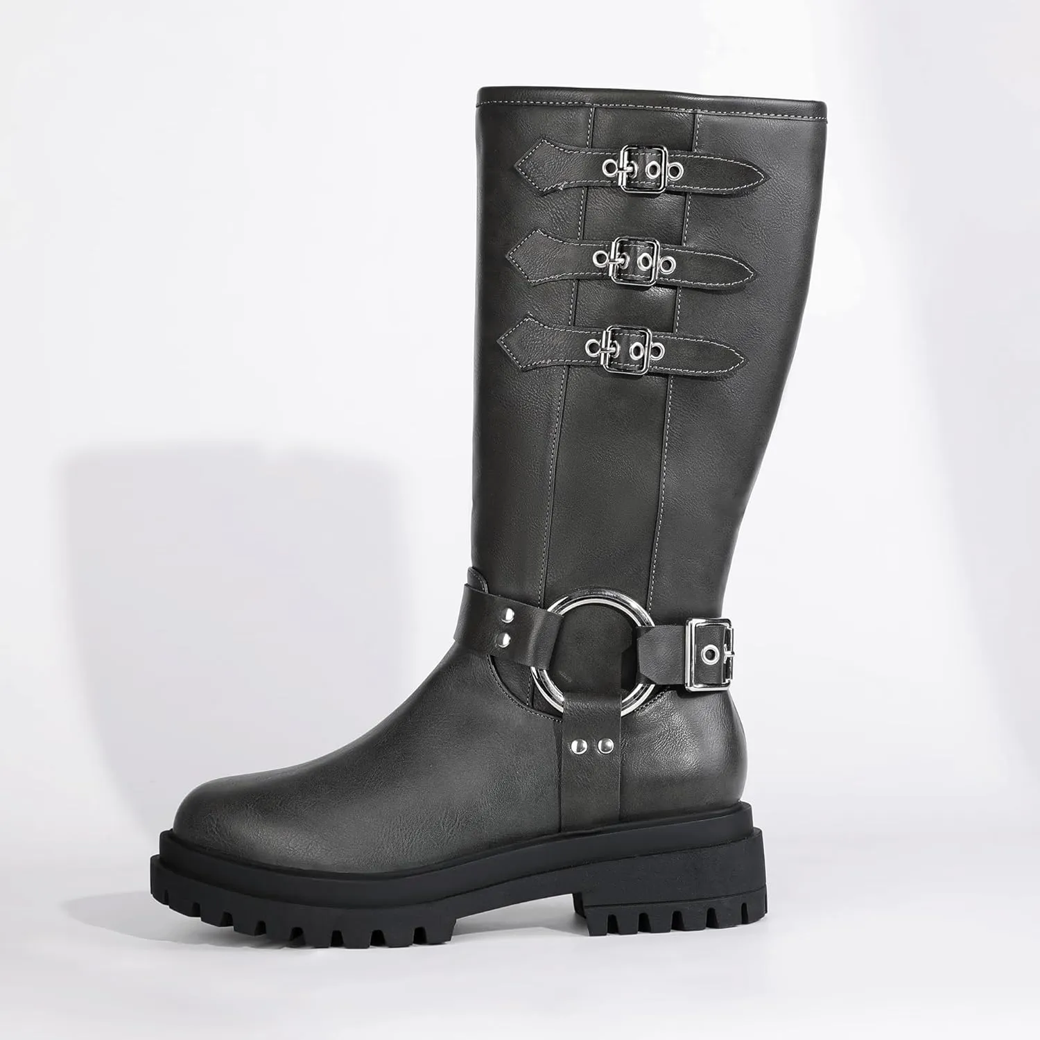 IDIFU IN2 Knee High Riding Boots Women Low Chunky Heel Motorcycle Boots with Side Zipper Comfortable Round Toe Tall Boots for Women Fall Platform Lug Sole Fashion Buckles Biker Boots