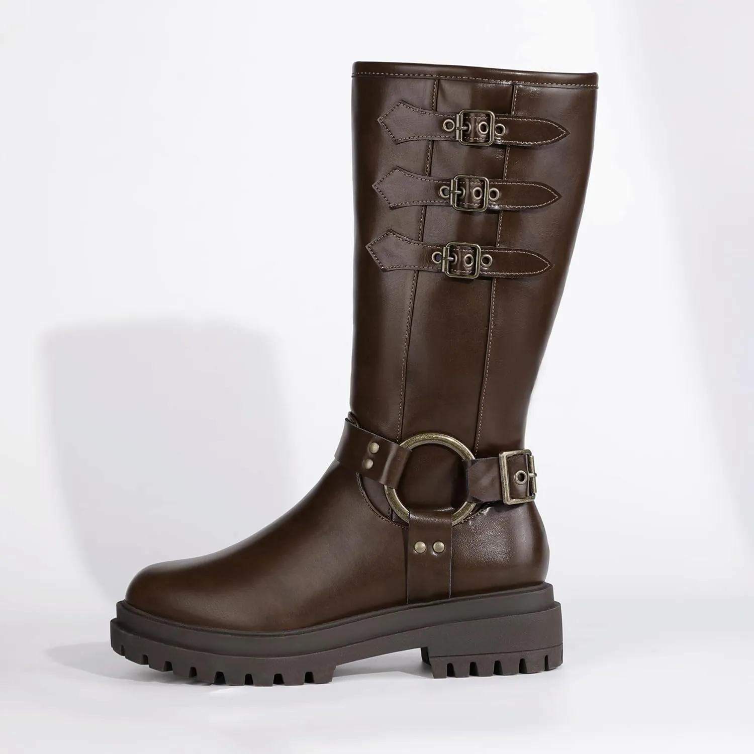 IDIFU IN2 Knee High Riding Boots Women Low Chunky Heel Motorcycle Boots with Side Zipper Comfortable Round Toe Tall Boots for Women Fall Platform Lug Sole Fashion Buckles Biker Boots