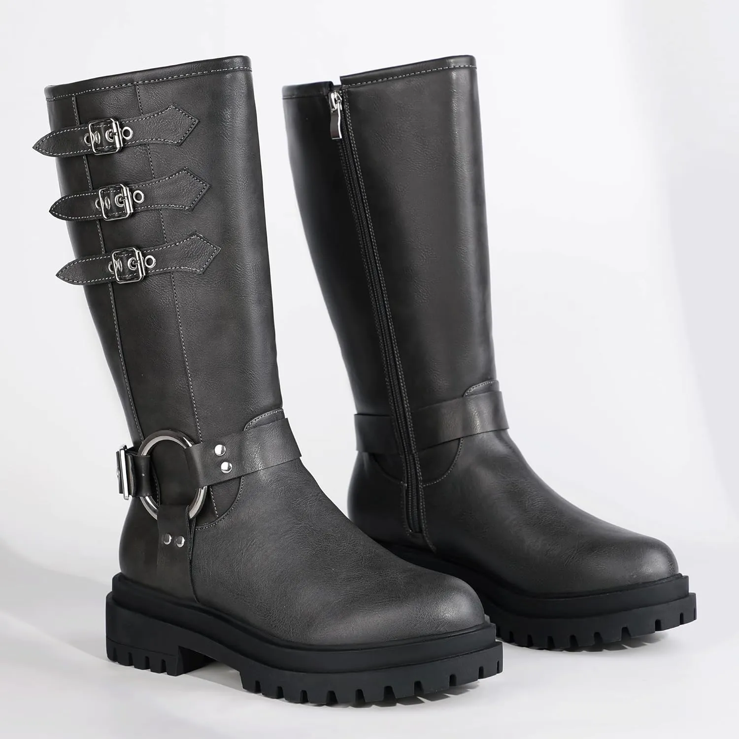 IDIFU IN2 Knee High Riding Boots Women Low Chunky Heel Motorcycle Boots with Side Zipper Comfortable Round Toe Tall Boots for Women Fall Platform Lug Sole Fashion Buckles Biker Boots
