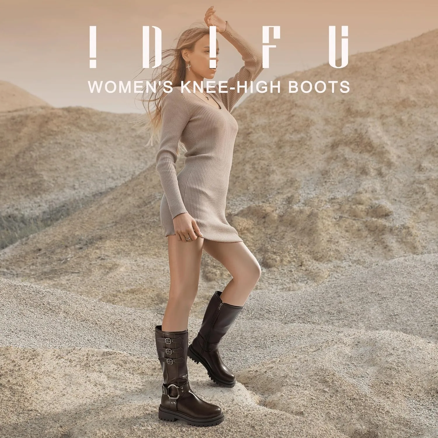 IDIFU IN2 Knee High Riding Boots Women Low Chunky Heel Motorcycle Boots with Side Zipper Comfortable Round Toe Tall Boots for Women Fall Platform Lug Sole Fashion Buckles Biker Boots
