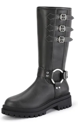 IDIFU IN2 Knee High Riding Boots Women Low Chunky Heel Motorcycle Boots with Side Zipper Comfortable Round Toe Tall Boots for Women Fall Platform Lug Sole Fashion Buckles Biker Boots