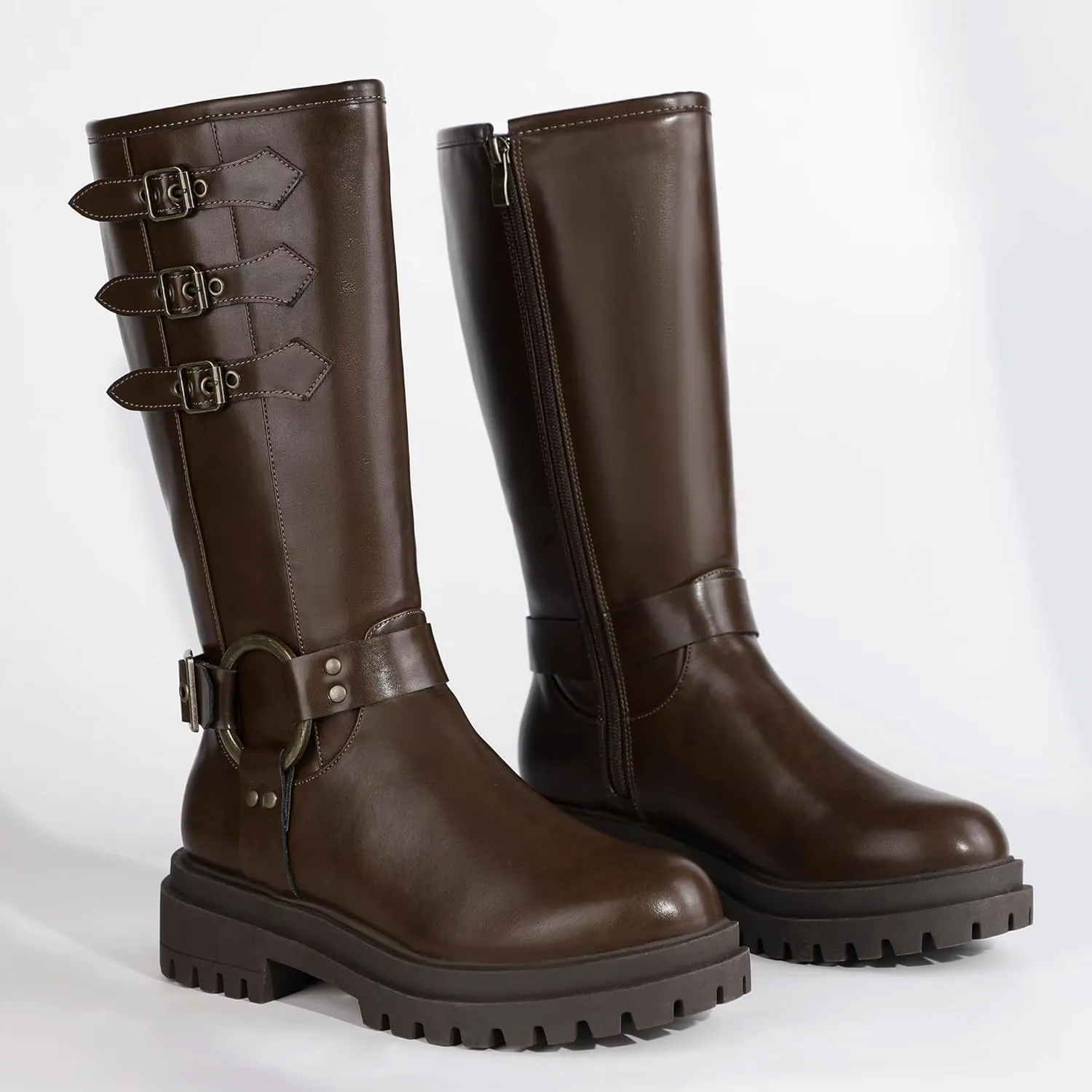 IDIFU IN2 Knee High Riding Boots Women Low Chunky Heel Motorcycle Boots with Side Zipper Comfortable Round Toe Tall Boots for Women Fall Platform Lug Sole Fashion Buckles Biker Boots