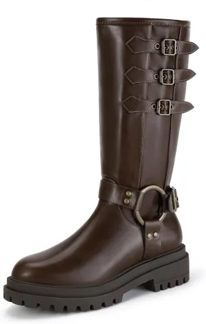 IDIFU IN2 Knee High Riding Boots Women Low Chunky Heel Motorcycle Boots with Side Zipper Comfortable Round Toe Tall Boots for Women Fall Platform Lug Sole Fashion Buckles Biker Boots