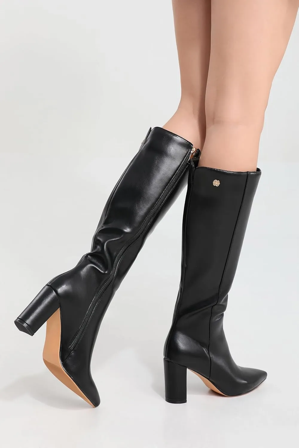 iiimmu Knee High Boots for Women 3 IN Chunky Heel with Side Zipper Soft Faux Leather Tall Boots Pointed Toe 15 IN Shaft