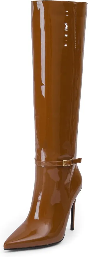 iiimmu Knee High Boots for Women 4.3 IN Stiletto High Heel Boots Zipperless Glossy Patent Leather Tall Boots Pointed Toe 16 IN Shaft