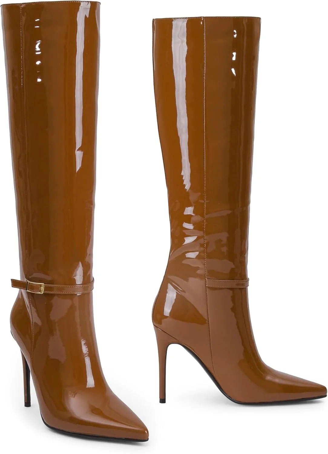 iiimmu Knee High Boots for Women 4.3 IN Stiletto High Heel Boots Zipperless Glossy Patent Leather Tall Boots Pointed Toe 16 IN Shaft