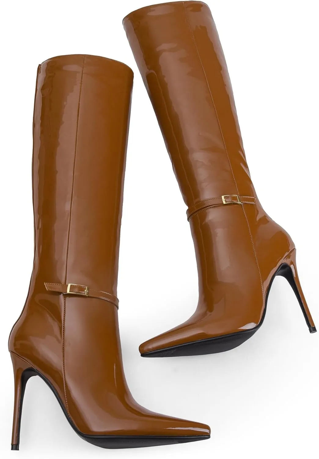 iiimmu Knee High Boots for Women 4.3 IN Stiletto High Heel Boots Zipperless Glossy Patent Leather Tall Boots Pointed Toe 16 IN Shaft