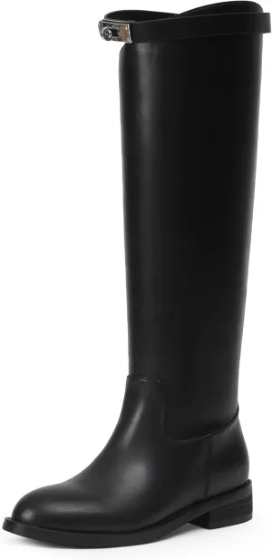 iiimmu Riding Boots for Women Silver Buckle Women's Knee High Boots Round Toe Faux Leather Motorcycle Style