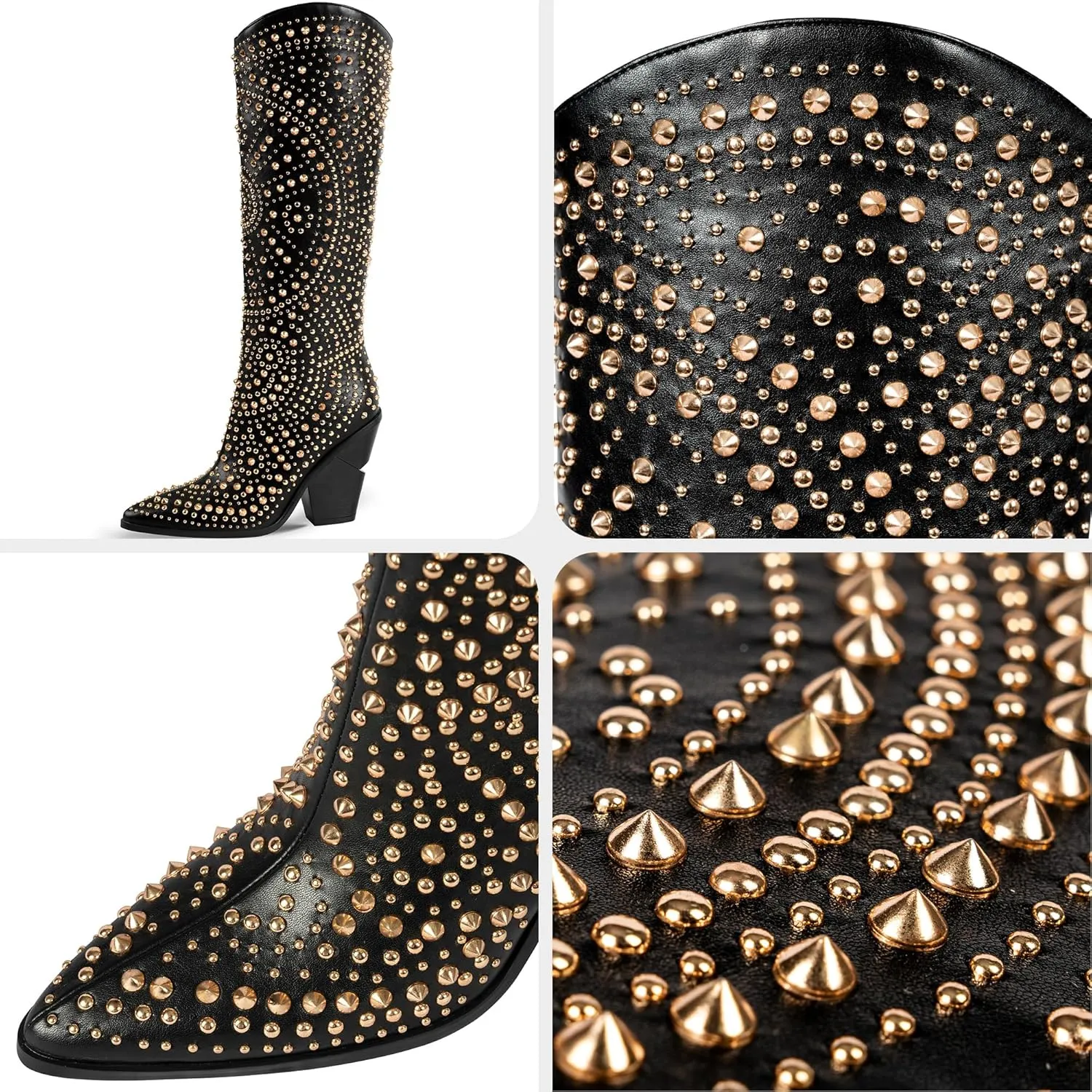 iiimmu Womens Boots Pointed Toe and Chunky Heel Boots for Women Luxurious Studded Boots Tall Boots with Metallic Rivets, White/Black Size US 5-12