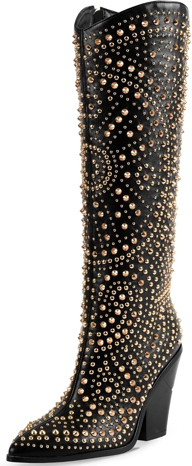 iiimmu Womens Boots Pointed Toe and Chunky Heel Boots for Women Luxurious Studded Boots Tall Boots with Metallic Rivets, White/Black Size US 5-12