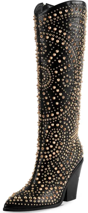 iiimmu Womens Boots Pointed Toe and Chunky Heel Boots for Women Luxurious Studded Boots Tall Boots with Metallic Rivets, White/Black Size US 5-12