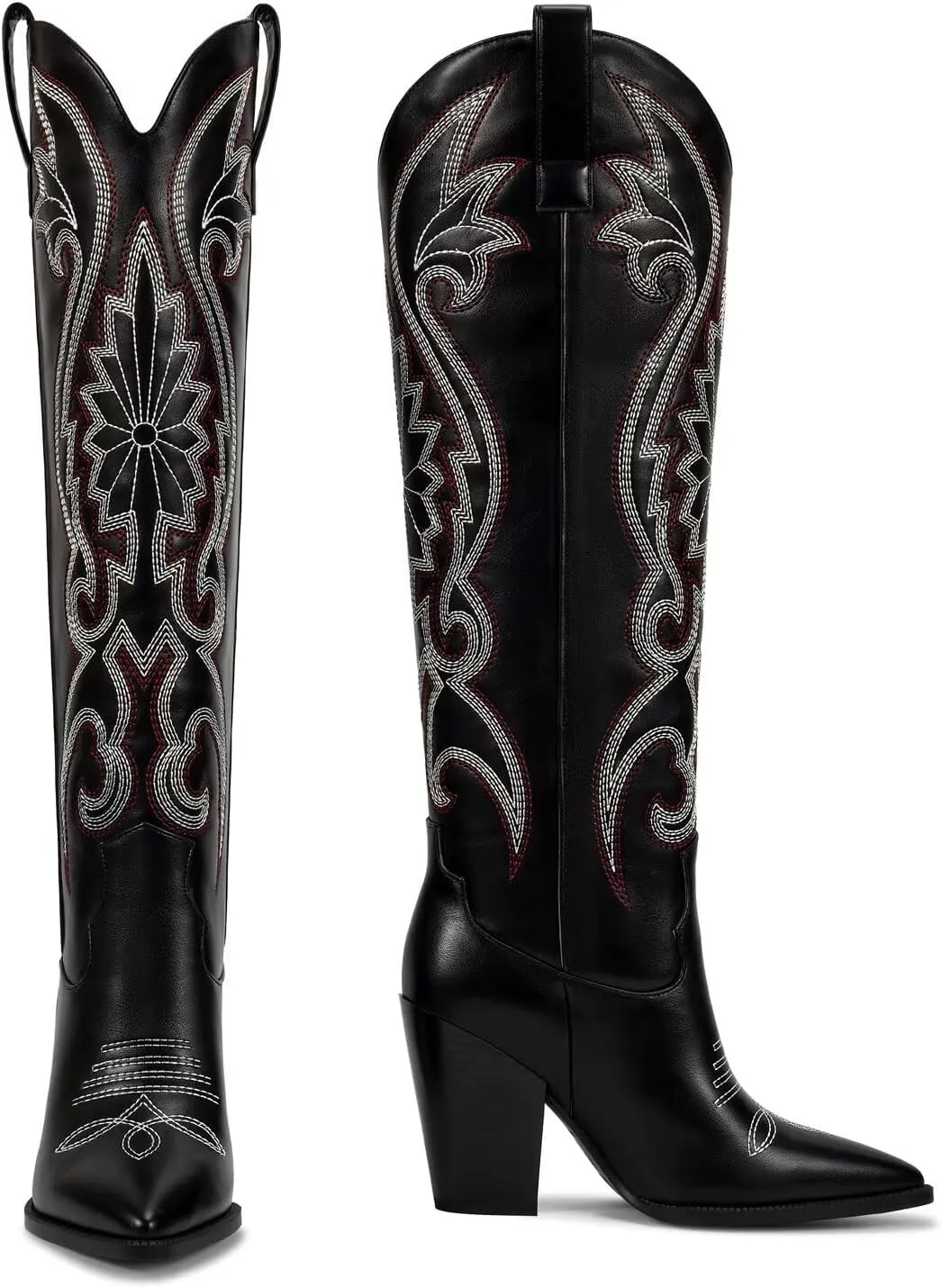 ISNOM Womens Cowboy Knee High Boots Cowgirl Boots Western Boots with Embroidered Pointed Toe Chunky Heel Slip on Retro Tall Boots