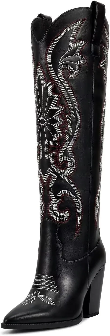 ISNOM Womens Cowboy Knee High Boots Cowgirl Boots Western Boots with Embroidered Pointed Toe Chunky Heel Slip on Retro Tall Boots