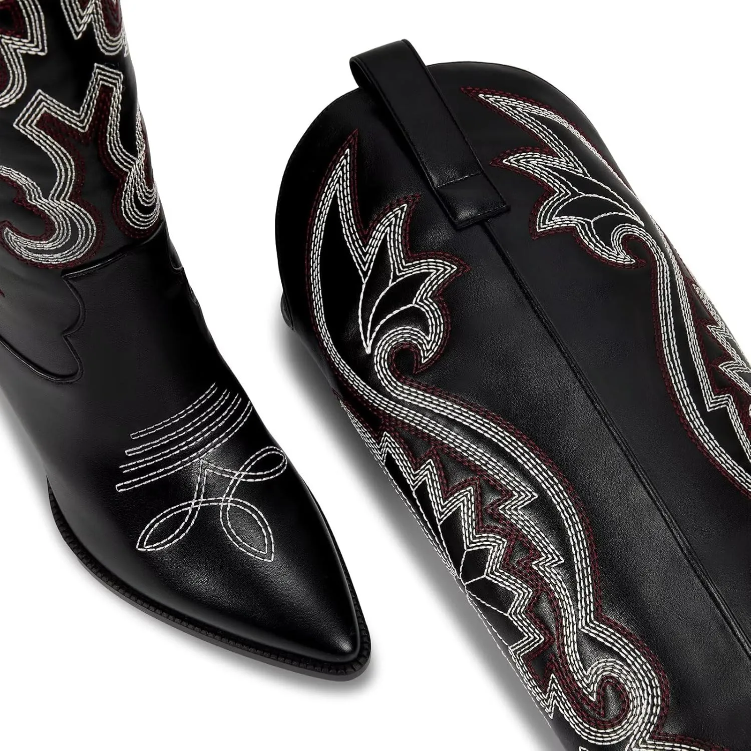 ISNOM Womens Cowboy Knee High Boots Cowgirl Boots Western Boots with Embroidered Pointed Toe Chunky Heel Slip on Retro Tall Boots
