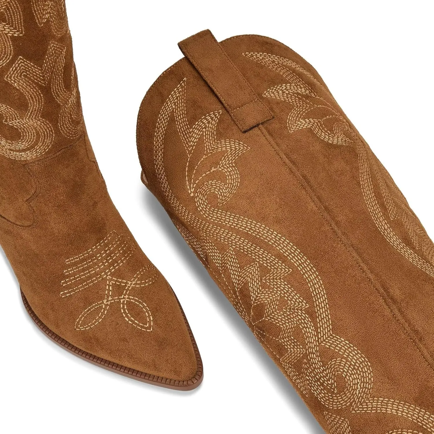 ISNOM Womens Cowboy Knee High Boots Cowgirl Boots Western Boots with Embroidered Pointed Toe Chunky Heel Slip on Retro Tall Boots
