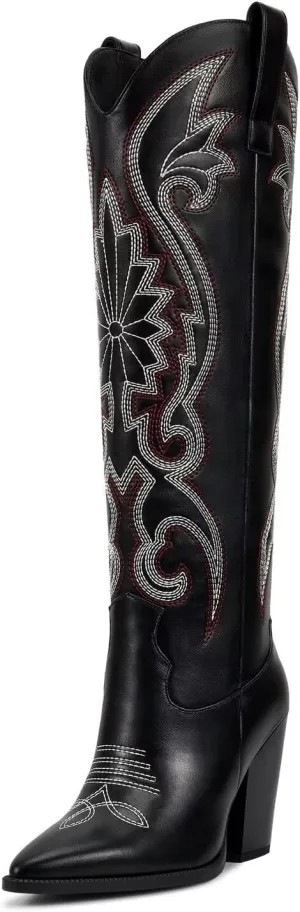 ISNOM Womens Cowboy Knee High Boots Cowgirl Boots Western Boots with Embroidered Pointed Toe Chunky Heel Slip on Retro Tall Boots