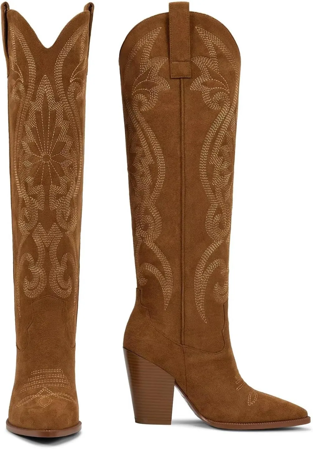 ISNOM Womens Cowboy Knee High Boots Cowgirl Boots Western Boots with Embroidered Pointed Toe Chunky Heel Slip on Retro Tall Boots