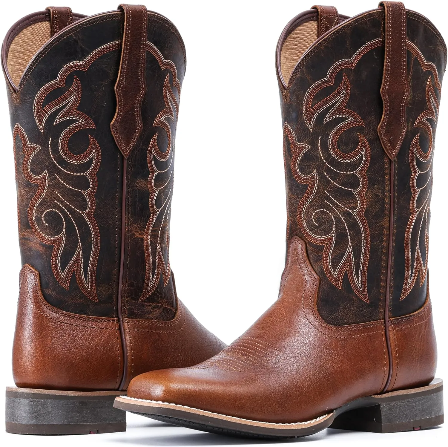 IUV Women's Leather Western Boots Square Toe Cowboy Boots for women Mid Calf Classic Cowgirl Boots Genuine leather toe and heel, textured sheepskin shaft
