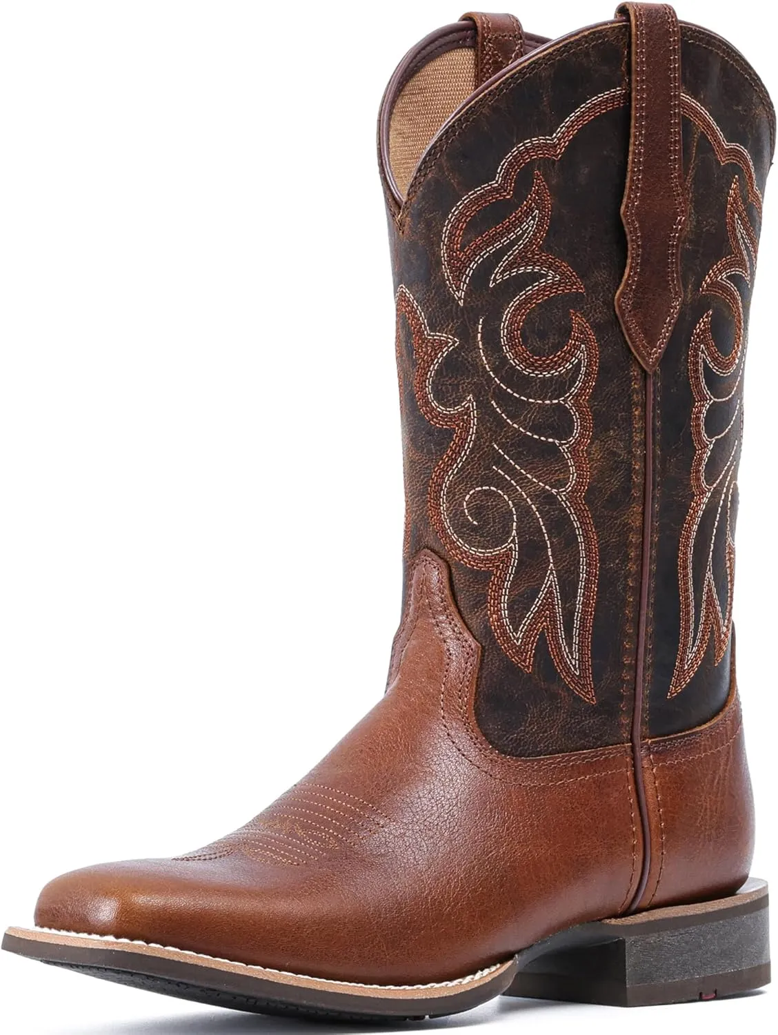 IUV Women's Leather Western Boots Square Toe Cowboy Boots for women Mid Calf Classic Cowgirl Boots Genuine leather toe and heel, textured sheepskin shaft