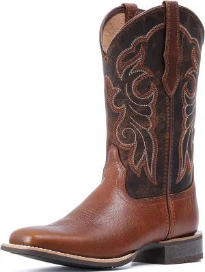 IUV Women's Leather Western Boots Square Toe Cowboy Boots for women Mid Calf Classic Cowgirl Boots Genuine leather toe and heel, textured sheepskin shaft