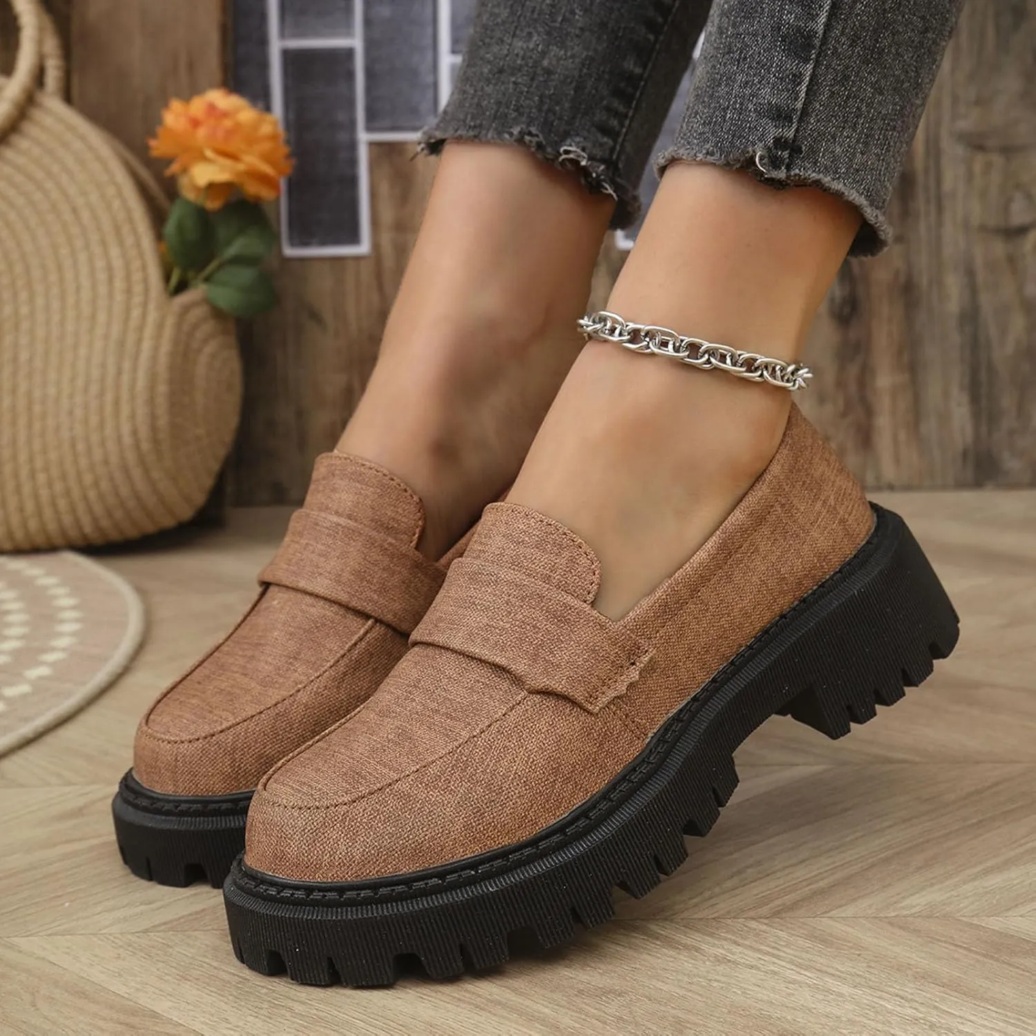 Jean Loafers for Women Comfort Slip-On Loafers Business Dress Shoes Chunky Heeled Work Shoes Retro Dress Shoes