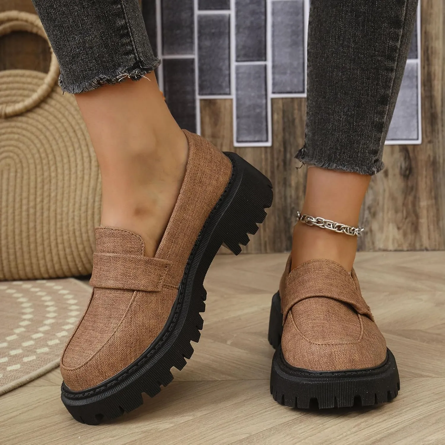 Jean Loafers for Women Comfort Slip-On Loafers Business Dress Shoes Chunky Heeled Work Shoes Retro Dress Shoes