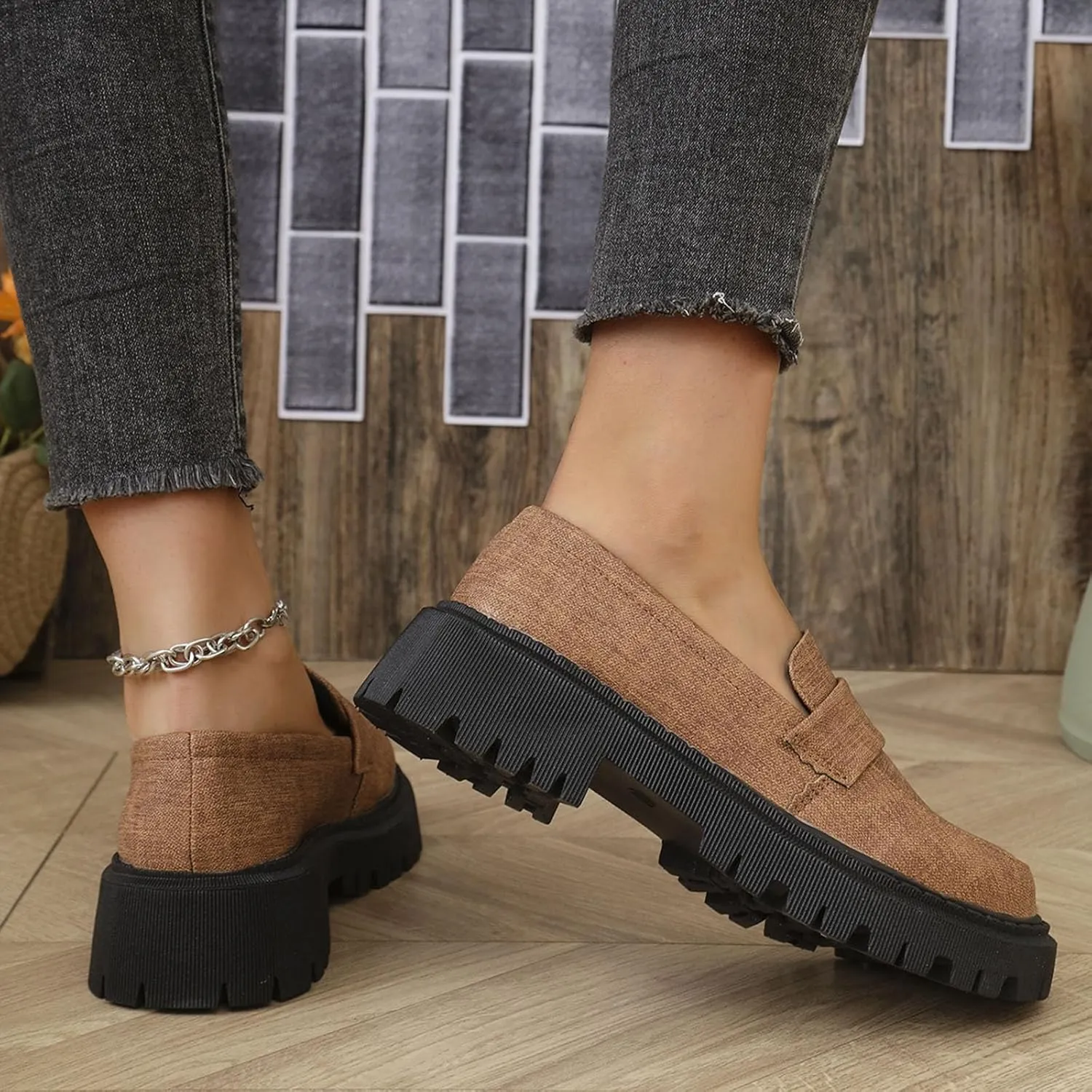 Jean Loafers for Women Comfort Slip-On Loafers Business Dress Shoes Chunky Heeled Work Shoes Retro Dress Shoes