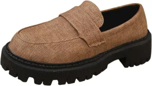 Jean Loafers for Women Comfort Slip-On Loafers Business Dress Shoes Chunky Heeled Work Shoes Retro Dress Shoes