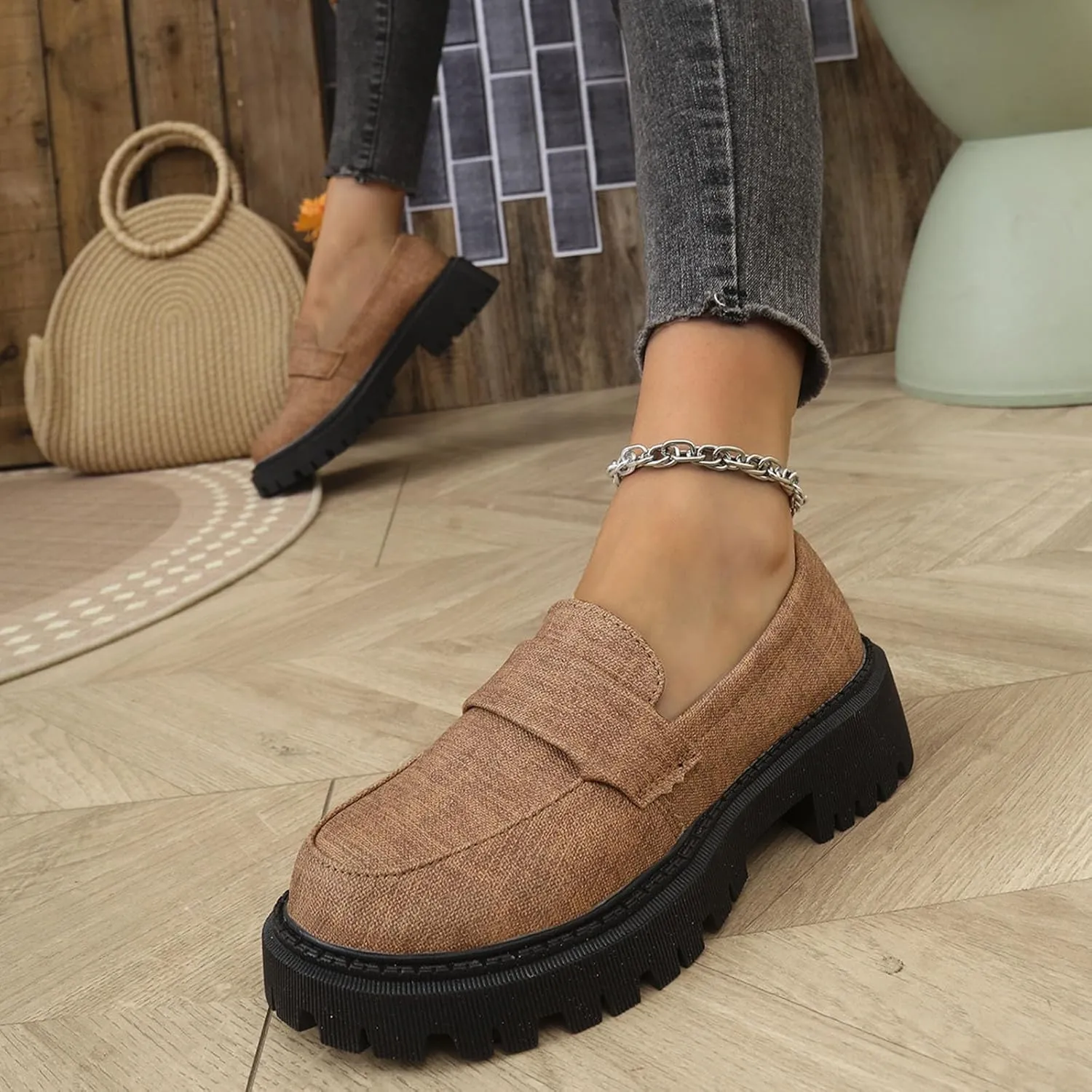 Jean Loafers for Women Comfort Slip-On Loafers Business Dress Shoes Chunky Heeled Work Shoes Retro Dress Shoes