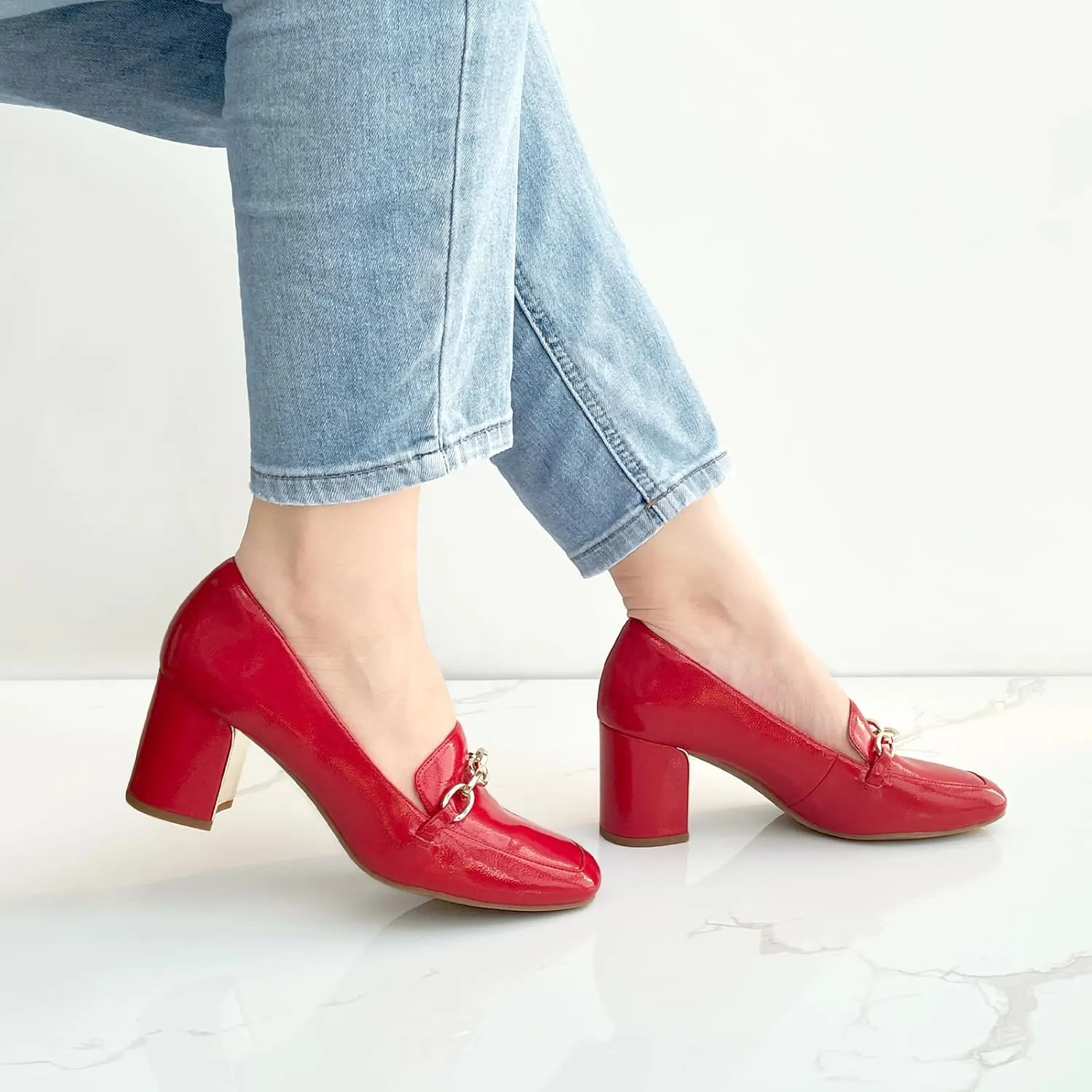 JENN ARDOR Women's Heeled Loafers - Block Heels, Closed Toe, Slip On, 2.5 Inch Mid Heel, Dress & Casual Shoes with Chain