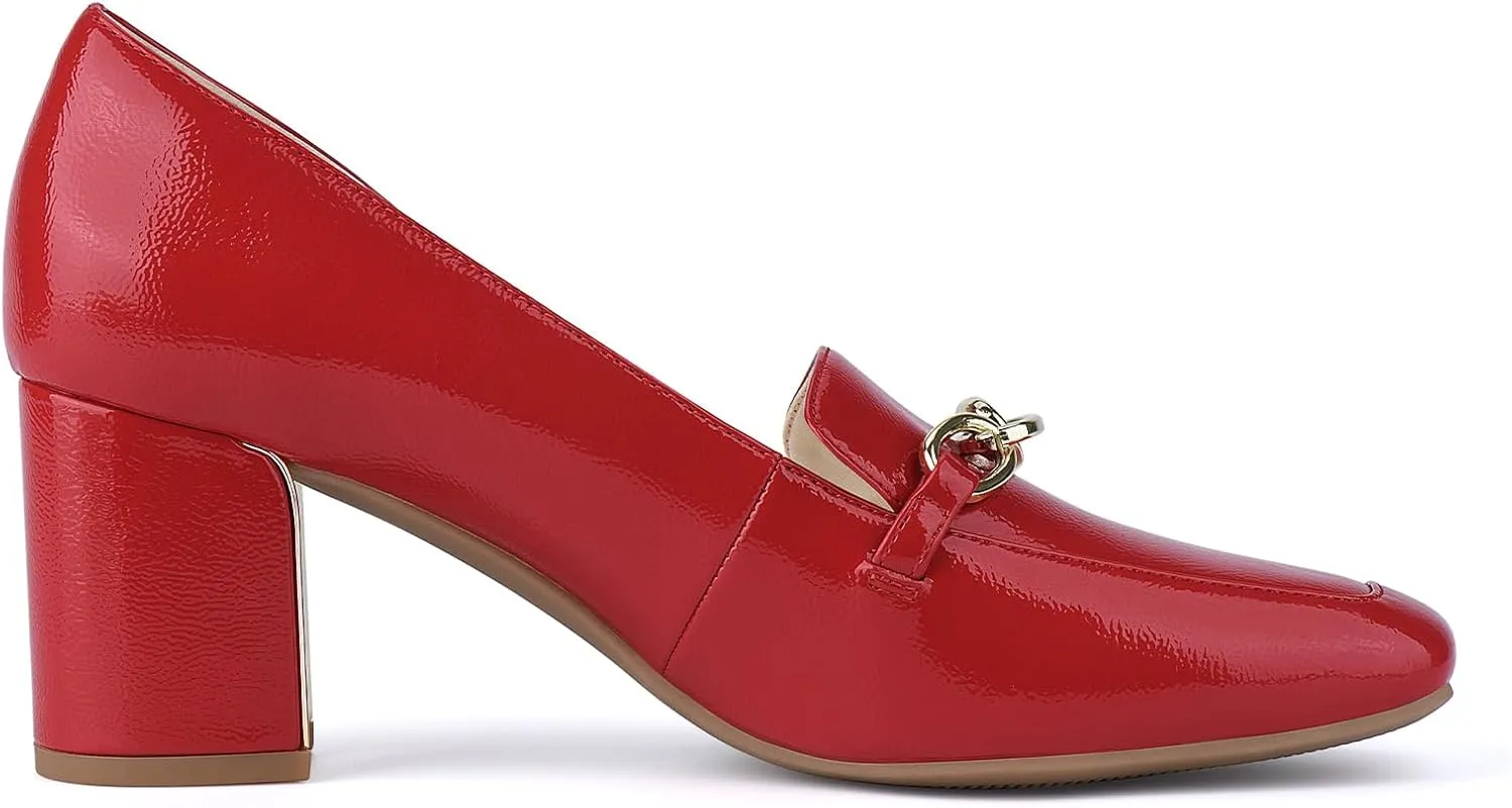 JENN ARDOR Women's Heeled Loafers - Block Heels, Closed Toe, Slip On, 2.5 Inch Mid Heel, Dress & Casual Shoes with Chain
