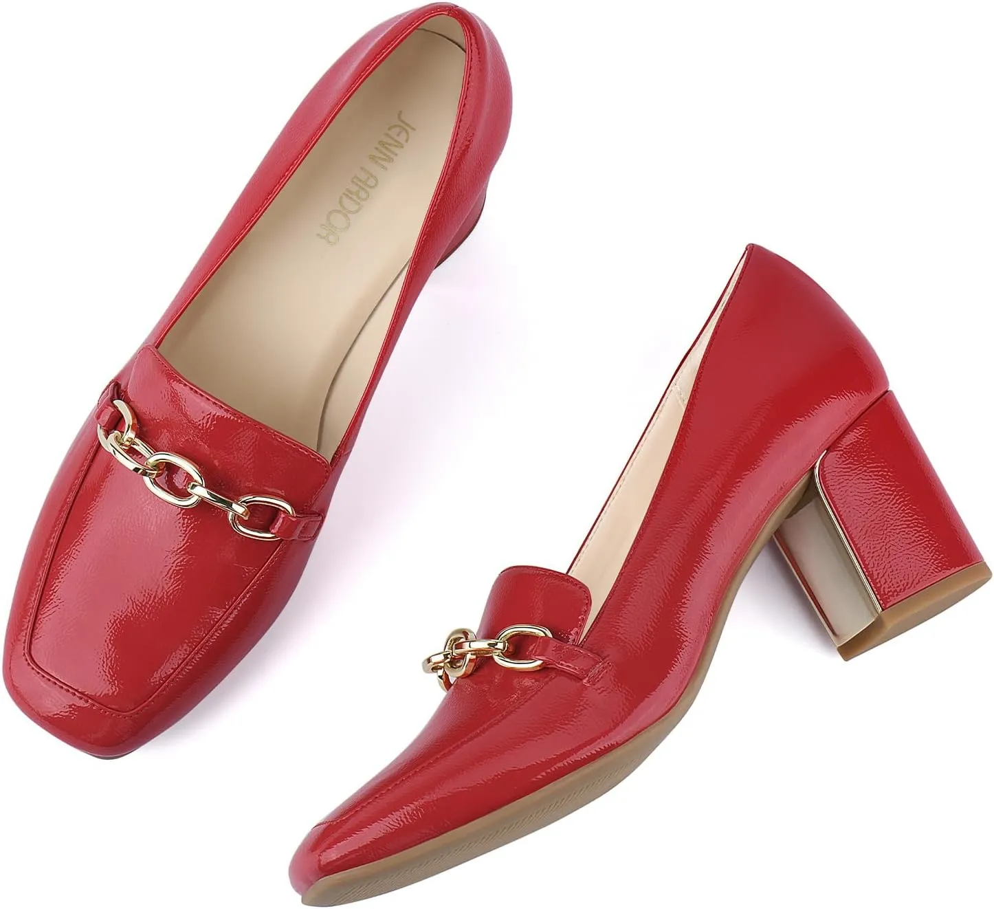 JENN ARDOR Women's Heeled Loafers - Block Heels, Closed Toe, Slip On, 2.5 Inch Mid Heel, Dress & Casual Shoes with Chain