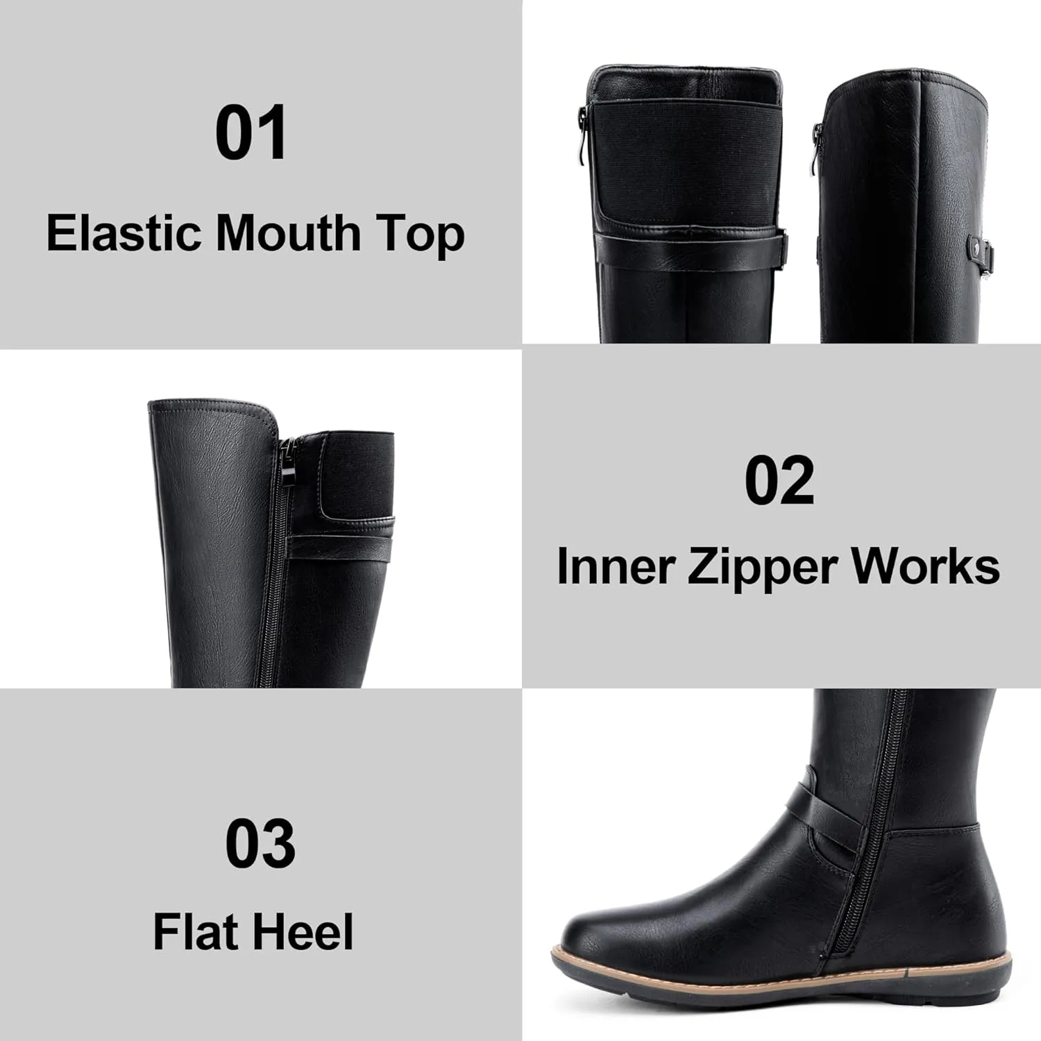 Jeossy Women's 9655 Knee High Boots Flat Riding Boots Buckle Tall Boots with Zipper for Women