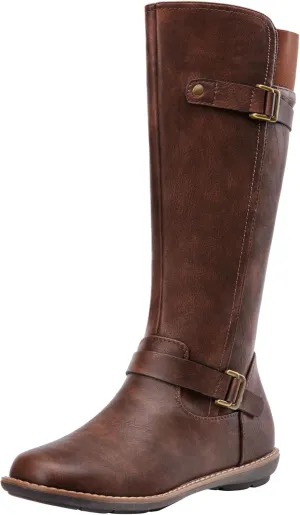 Jeossy Women's 9655 Knee High Boots Flat Riding Boots Buckle Tall Boots with Zipper for Women
