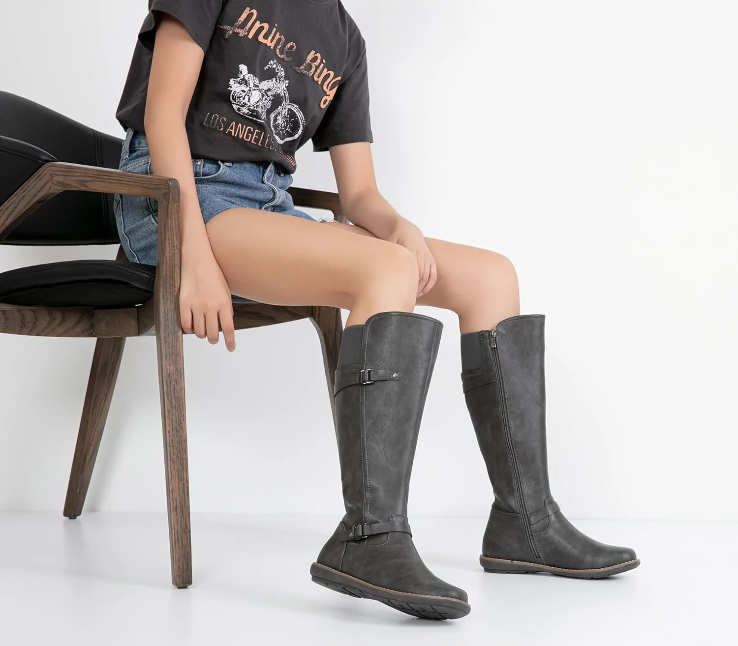 Jeossy Women's 9655 Knee High Boots Flat Riding Boots Buckle Tall Boots with Zipper for Women