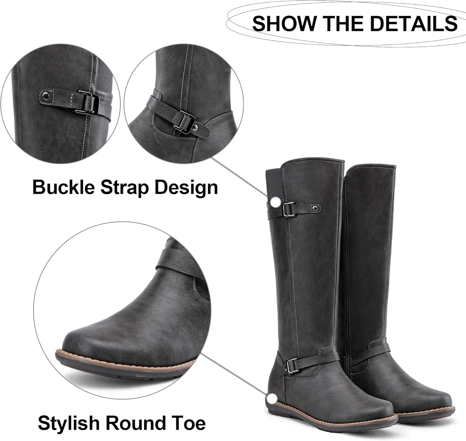 Jeossy Women's 9655 Knee High Boots Flat Riding Boots Buckle Tall Boots with Zipper for Women