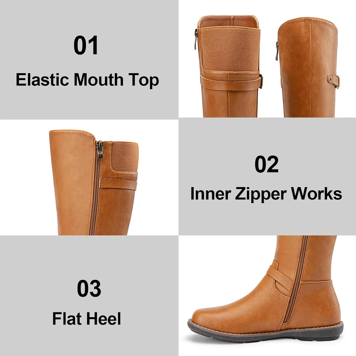 Jeossy Women's 9655 Knee High Boots Flat Riding Boots Buckle Tall Boots with Zipper for Women