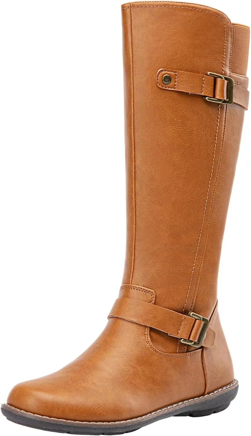 Jeossy Women's 9655 Knee High Boots Flat Riding Boots Buckle Tall Boots with Zipper for Women