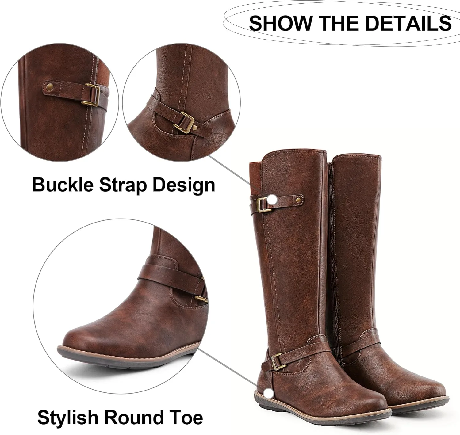 Jeossy Women's 9655 Knee High Boots Flat Riding Boots Buckle Tall Boots with Zipper for Women