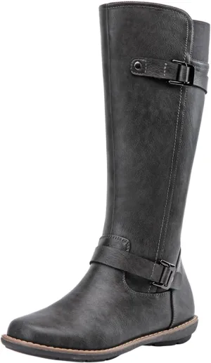 Jeossy Women's 9655 Knee High Boots Flat Riding Boots Buckle Tall Boots with Zipper for Women