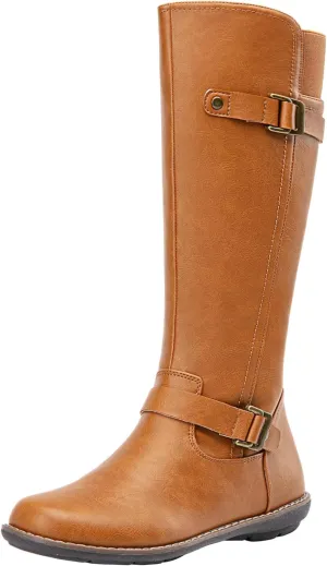 Jeossy Women's 9655 Knee High Boots Flat Riding Boots Buckle Tall Boots with Zipper for Women