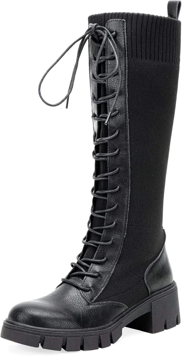 Jeossy Women's Knee High Riding Combat 9603 Boots, Tall Platform Chunky Heel Boots Wide Claf