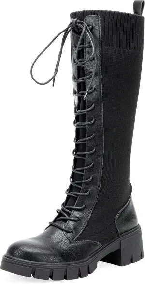 Jeossy Women's Knee High Riding Combat 9603 Boots, Tall Platform Chunky Heel Boots Wide Claf