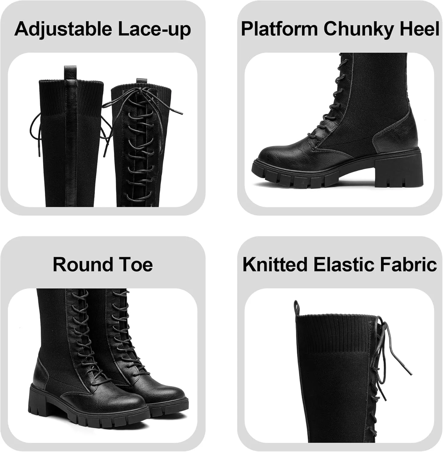 Jeossy Women's Knee High Riding Combat 9603 Boots, Tall Platform Chunky Heel Boots Wide Claf