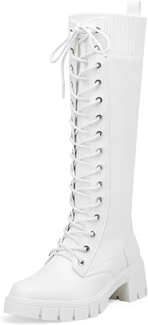 Jeossy Women's Knee High Riding Combat 9603 Boots, Tall Platform Chunky Heel Boots Wide Claf