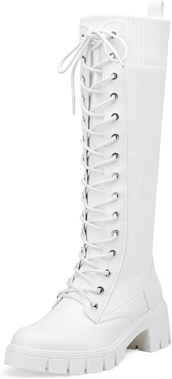 Jeossy Women's Knee High Riding Combat 9603 Boots, Tall Platform Chunky Heel Boots Wide Claf