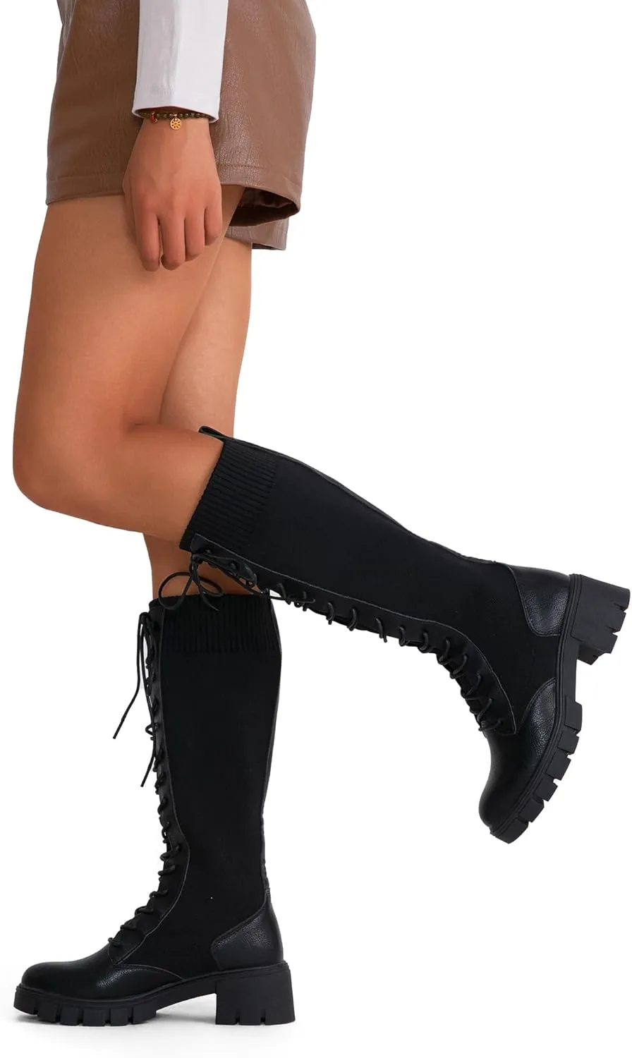 Jeossy Women's Knee High Riding Combat 9603 Boots, Tall Platform Chunky Heel Boots Wide Claf